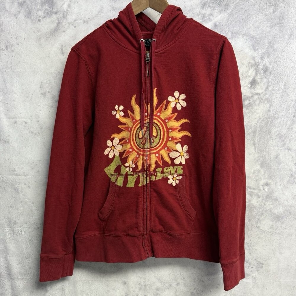 Lucky Brand Red Hoodie with Sun and Floral Design